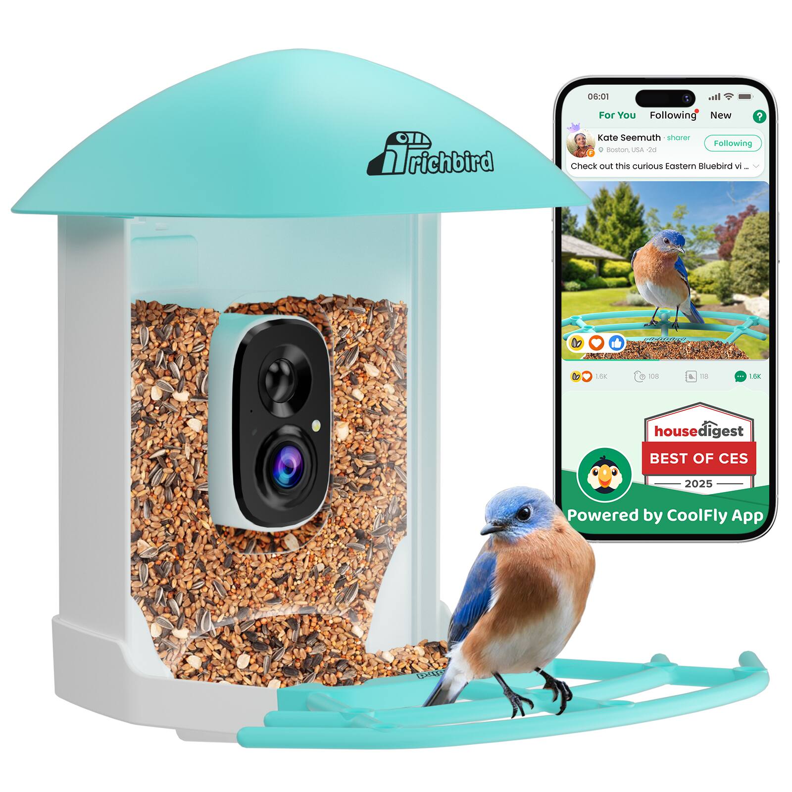 06:01 For You Following New  
Trichbird  
Kate Seemuth  
shorer  
Boston, USA - 20  
Check out this curious Eastern Bluebird via...  
1K  
108  
118  
1.6K  

housedigest  
BEST OF CES 2025  
Powered by CoolFly App