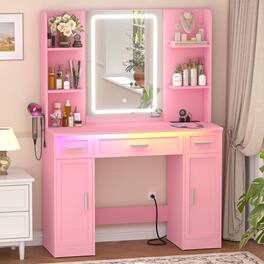 Aheaplus - Large Wooden Makeup Vanity Desk with Mirror and Lights, Dressing Table with Drawers and Cabinets - Pink