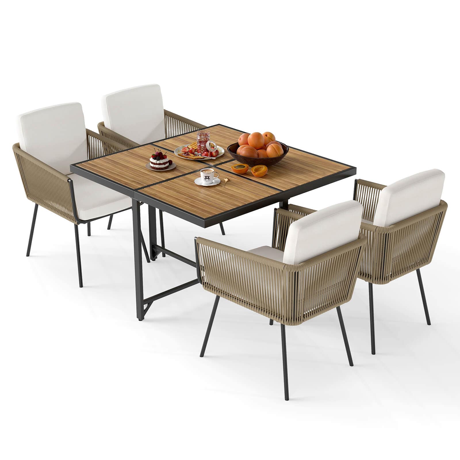 Gymax - Set Of 5 Patio Dining Set Outdoor Rectangular Table & Chairs Furniture Set - Light Brown, Off White
