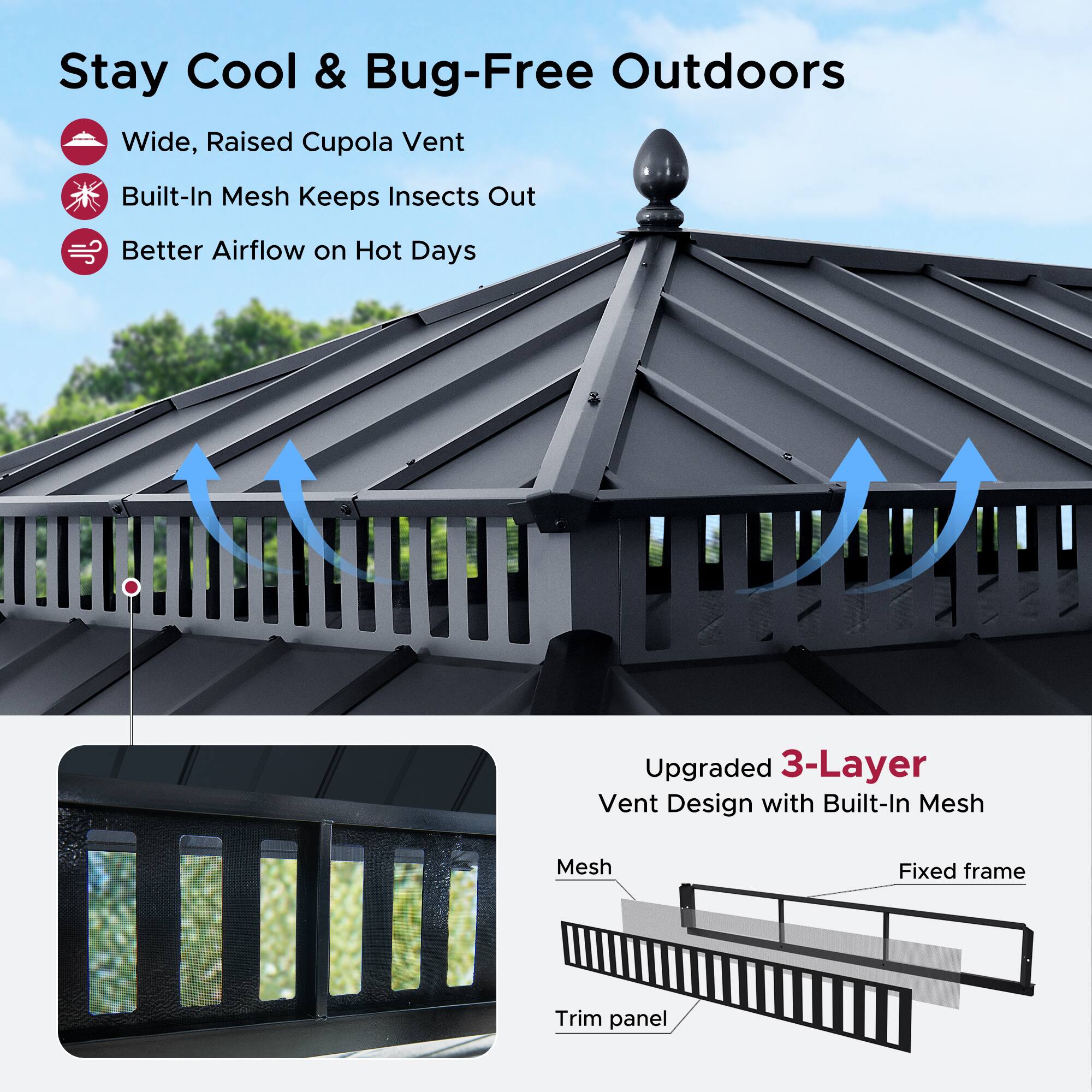 Stay Cool & Bug-Free Outdoors

- Wide, Raised Cupola Vent
- Built-In Mesh Keeps Insects Out
- Better Airflow on Hot Days

Upgraded 3-Layer Vent Design with Built-In Mesh

- Mesh
- Fixed frame
- Trim panel