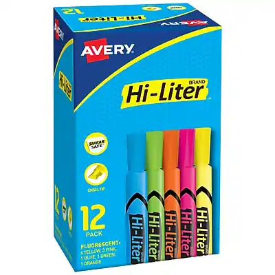 Avery Hi-Liter
Brand
Hi-Liter Smear Safe
Chisel Tip
12 Hi-Liter & Fluorescent:
- 1 Yellow
- 1 Green
- 3 Pink
- 1 Blue
- 1 Orange
Pack