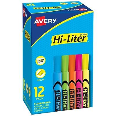 Avery Hi-Liter  
Brand  
Hi-Liter Smear Safe  
Chisel Tip  
12 Hi-Liter & Fluorescent:  
- 1 Yellow  
- 1 Green  
- 3 Pink  
- 1 Blue  
- 1 Orange  
Pack