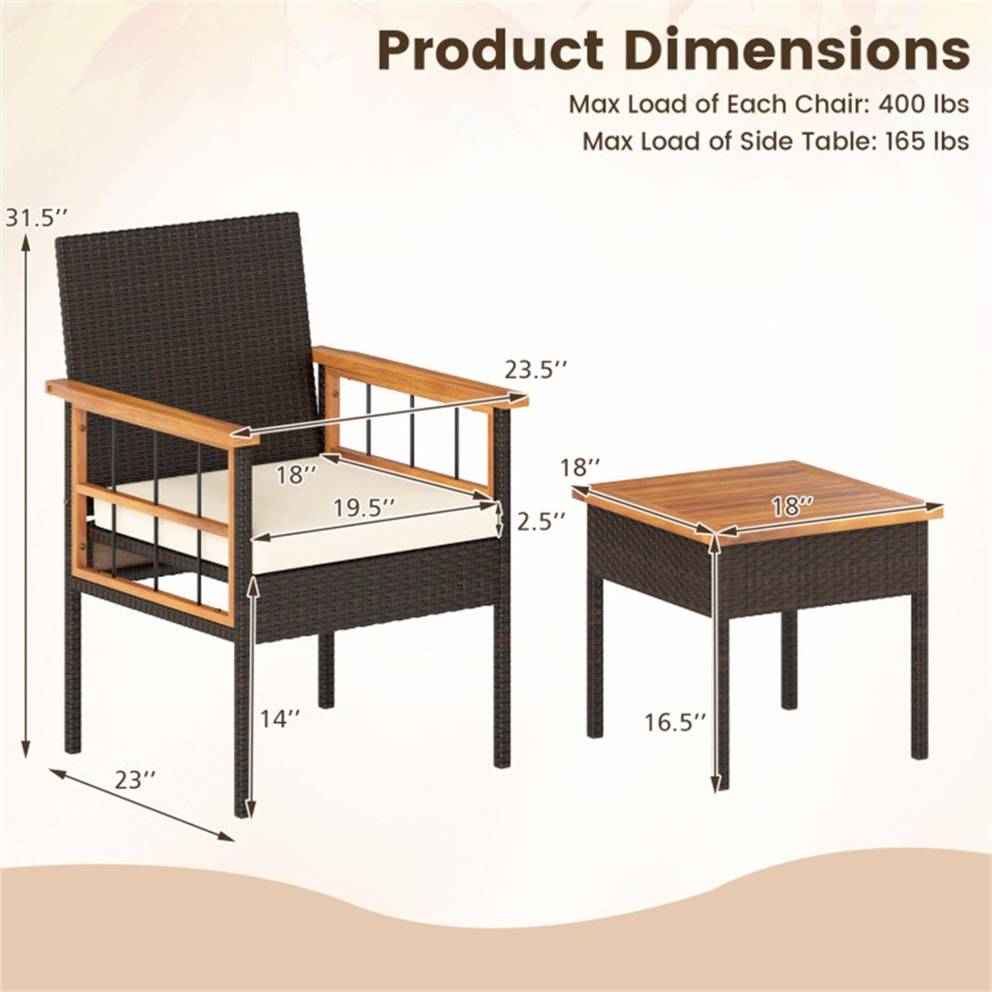 Product Dimensions  
Max Load of Each Chair: 400 lbs  
Max Load of Side Table: 165 lbs  

31.5"  
23.5"  
18"  
19.5"  
18"  
2.5"  
1800  
4  
14"  
16.5"  
23"