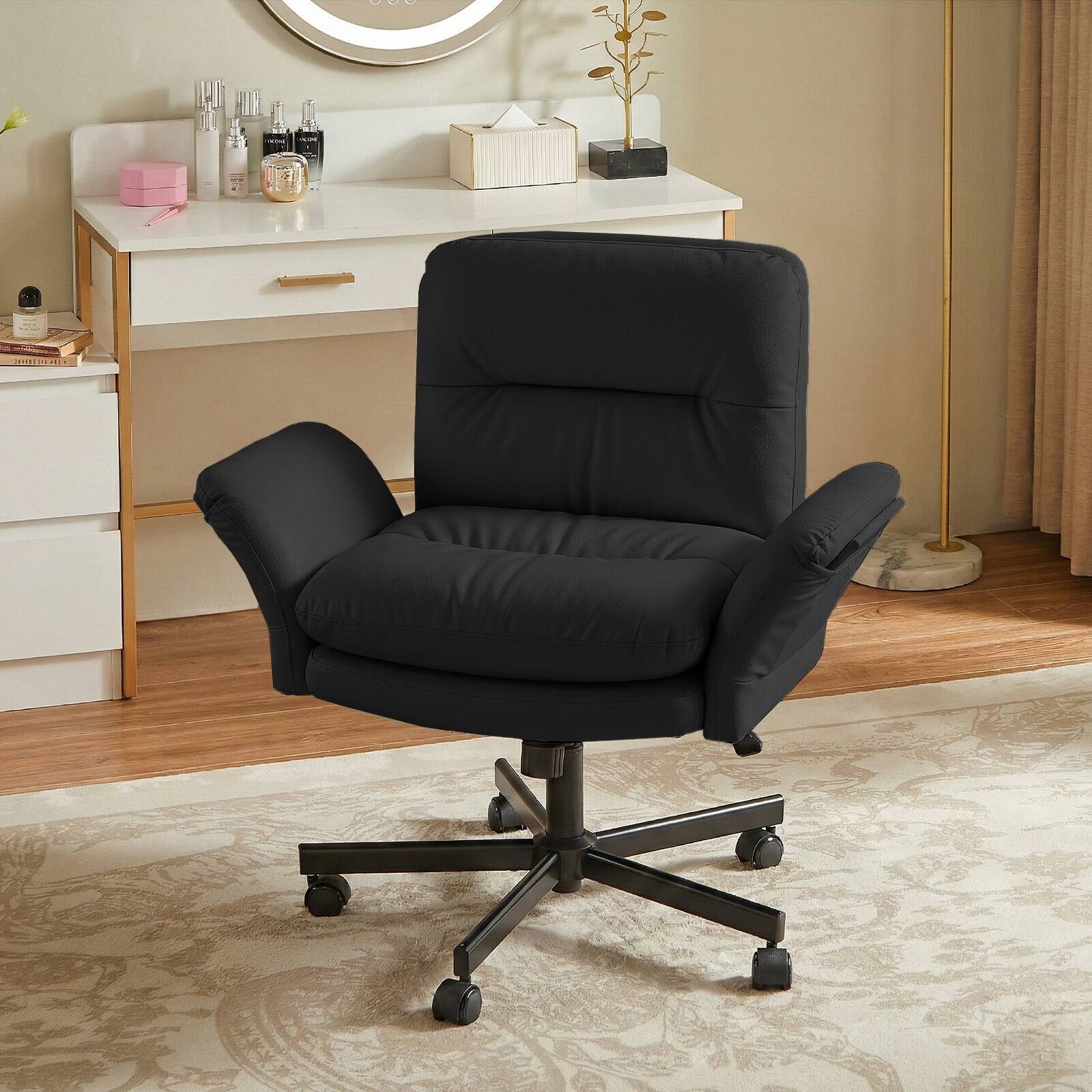 Left. Bestier - Ergonomic Cross-Legged Office Chair with Flip-Up Arms, Swivel Wheels & Adjustable Backrest for Computer Office Desk - Black PU Leather.