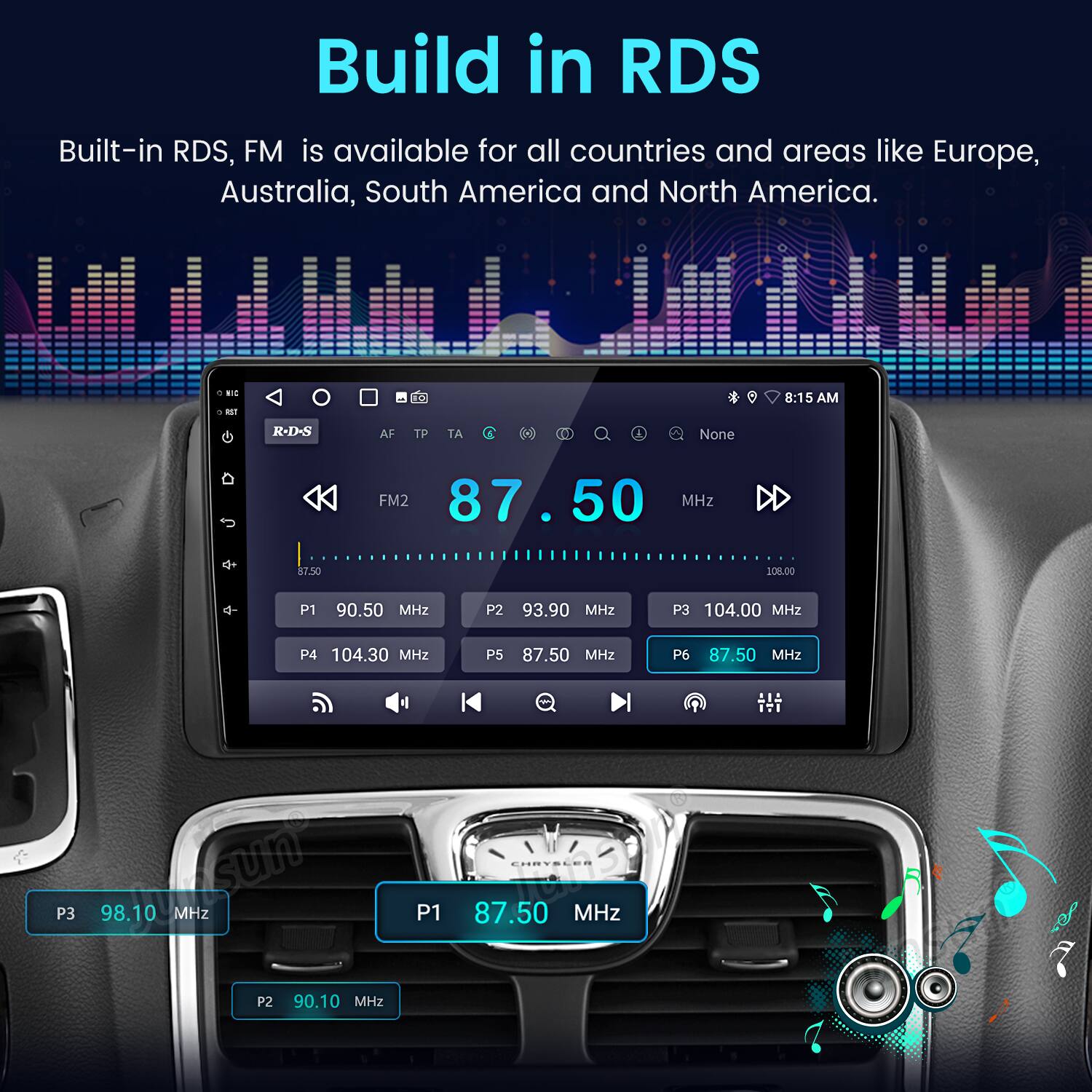 Build in RDS

Built-in RDS, FM is available for all countries and areas like Europe, Australia, South America and North America.

- a. 10 8:15 AM R-D-S AF TP TA N A None FM2 87.50 MHz $7.50 200.00 P1 90.50 MHz P2 93.90 MHz P3 104.00 MHz P4 104.30 MHz P5 87.50 MHz P6 87.50 MHz  
- P3 sun 98.10 MHz P2 90.10 MHz semger  
- P1 87.50 MHz