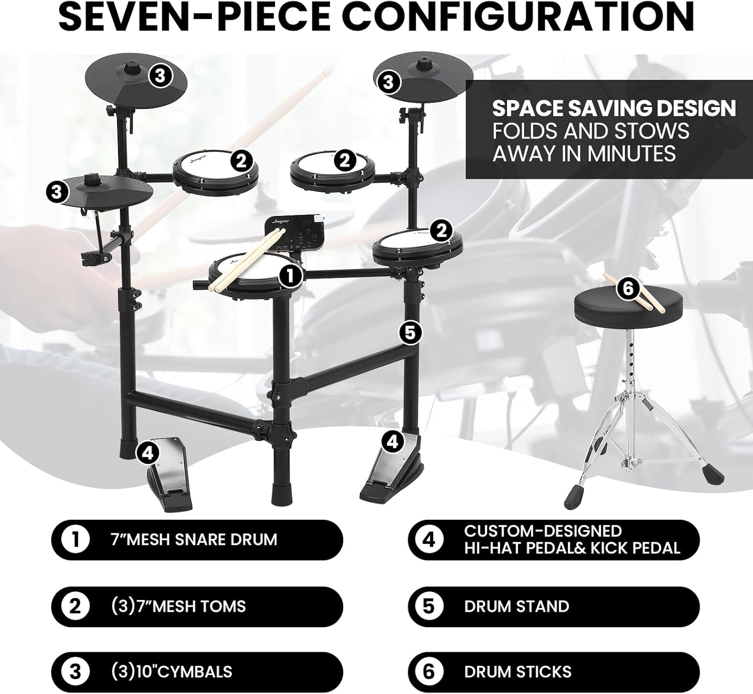 SEVEN-PIECE CONFIGURATION

1. 7" MESH SNARE DRUM
2. (3) 7" MESH TOMS
3. (3) 10" CYMBALS
4. CUSTOM-DESIGNED HI-HAT PEDAL & KICK PEDAL
5. DRUM STAND
6. DRUM STICKS

SPACE SAVING DESIGN
FOLDS AND STOWS AWAY IN MINUTES