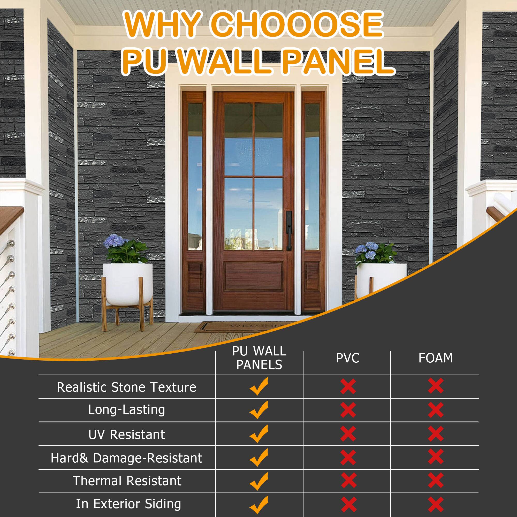 WHY CHOOSE PU WALL PANEL

PU WALL PANELS
- Realistic Stone Texture
- Long-Lasting
- UV Resistant
- Hard & Damage-Resistant
- Thermal Resistant
- In Exterior Siding

PVC
- X
- X
- X
- X
- X
- X

FOAM
- X
- X
- X
- X
- X
- X