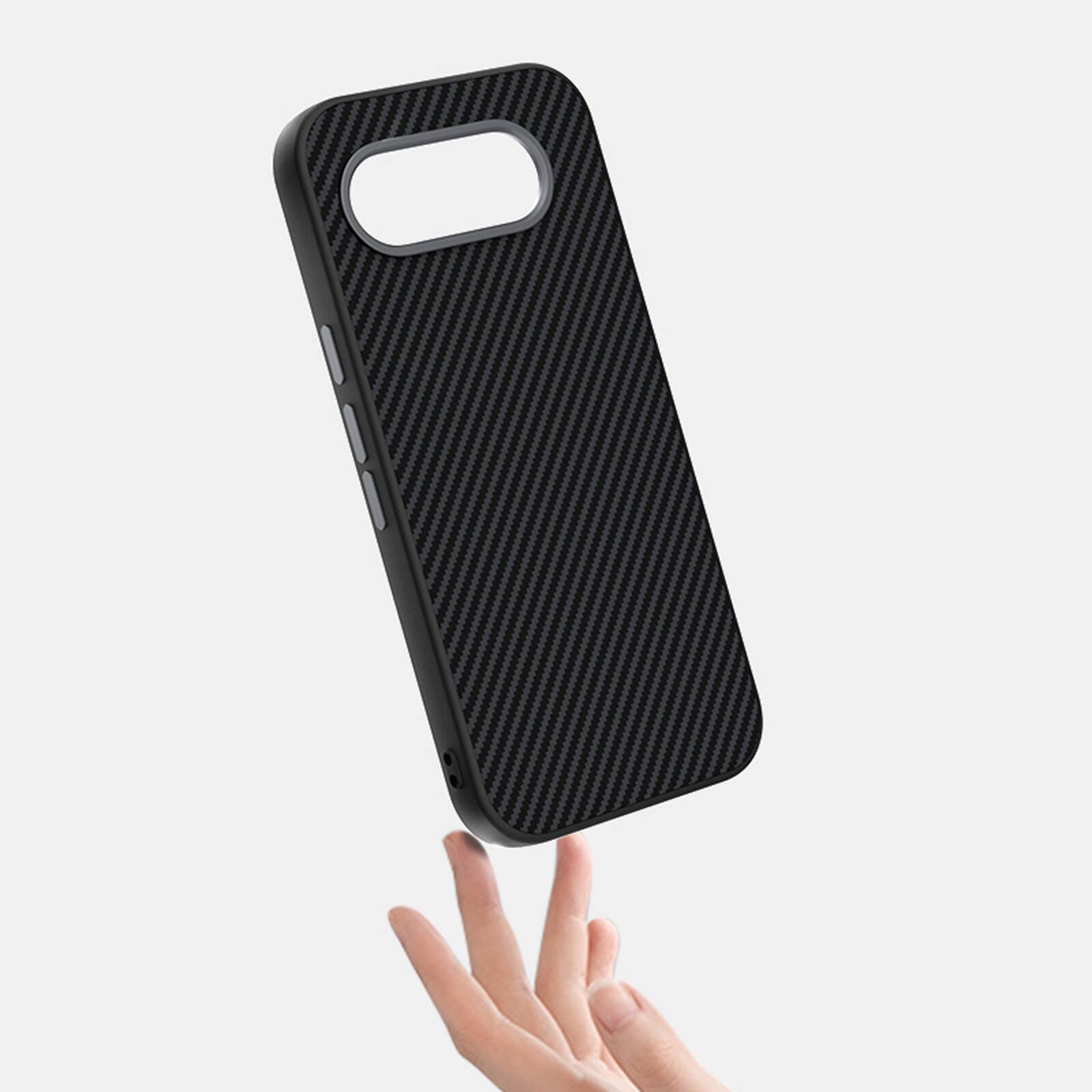 Angle. Dteck - Carbon Fiber Texture Magnetic Case for Google Pixel 10 Pro, Shockproof Slim Protective Cover with Metal Camera Ring - Blue.
