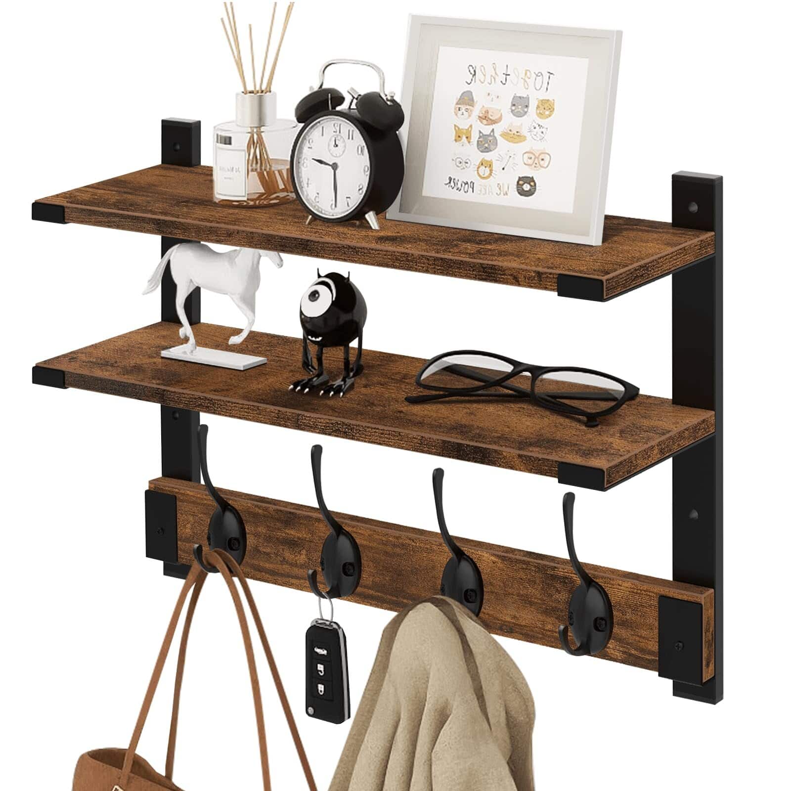 Dazzed Corner - Wall Shelf with Hooks, 17 Inch Coat Rack Wall Mount with Shelf - Rustic Brown