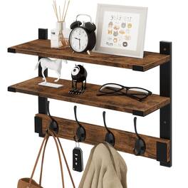 Dazzed Corner - Wall Shelf with Hooks, 17 Inch Coat Rack Wall Mount with Shelf - Rustic Brown