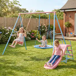 Loheer - 10.83 ft Kids Swing Set with Slide and Two Swings - Blue+Pink