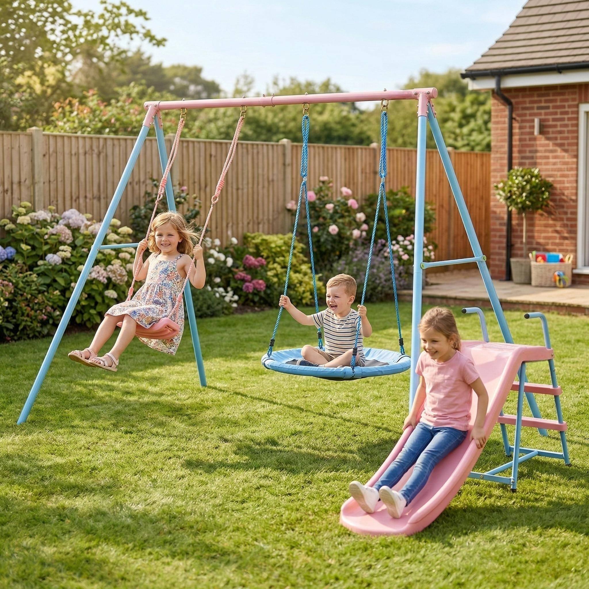 Front. Loheer - 10.83 ft Kids Swing Set with Slide and Two Swings - Blue+Pink.