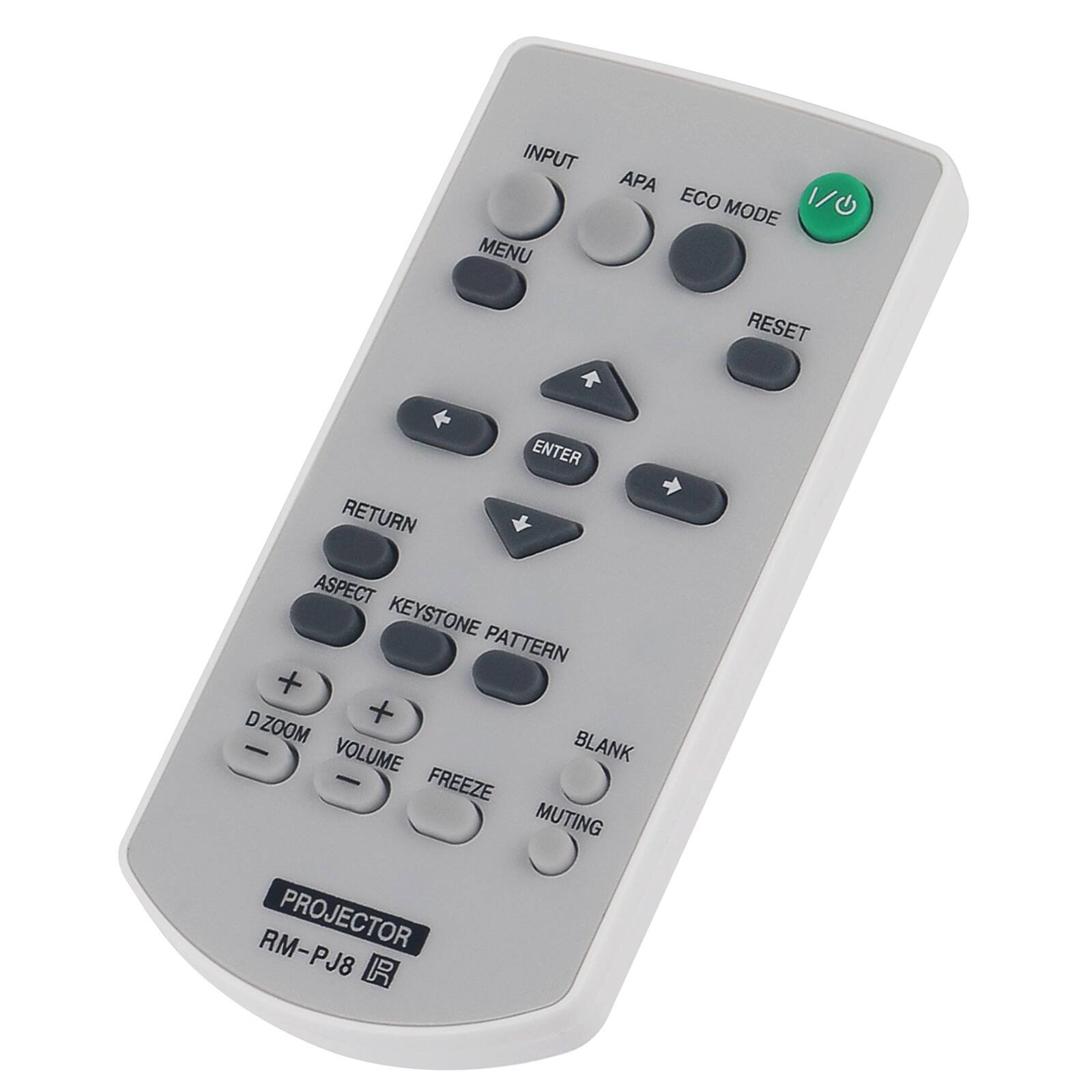INPUT MENU APA ECO MODE RESET 4 ENTER RETURN i ASPECT KEYSTONE PATTERN + D + ZOOM - VOLUME BLANK - FREEZE MUTING PROJECTOR RM-PJ8