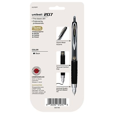 61270PP  
uniball 207  
The classic 207  
Preferred by professionals  
uni  
Protects Against  
• WATER  
• FADING  
• FRAUD  

Stylish Metal Accents  
COLOR  
Black  
Textured Comfort Grip  

UNIBRANDS.CO  
60024  
Branch Corporation Wheaton  

GUARANTEE  
We guarantee every unibrands product for your satisfaction. For more information, visit unibrands.com/support  

Archival Quality  
Pigment-Based Ink  

0 30246 61270 2021 1790 5