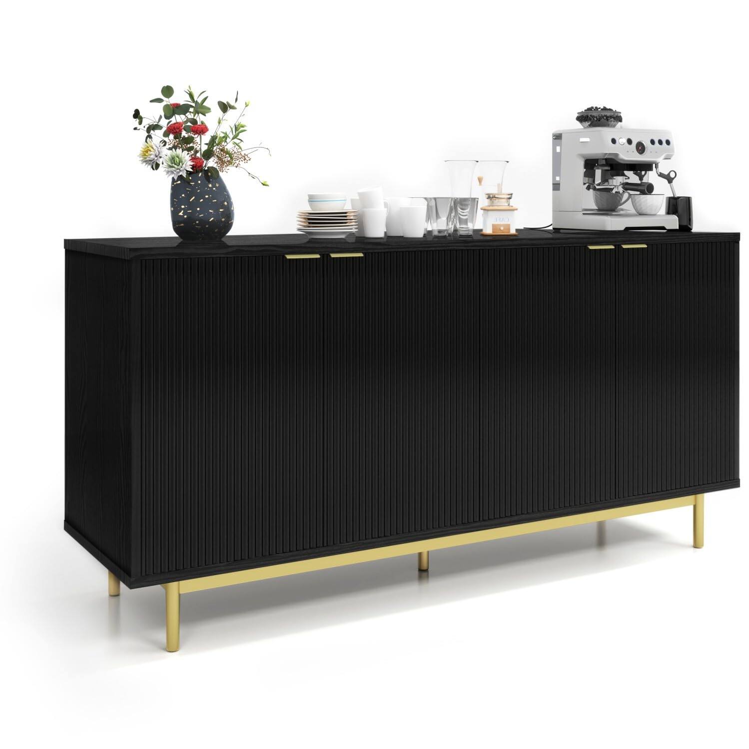 Alt View 4. Dyonery - Buffet Cabinet with Storage, 58” Large Sideboard with Shelves and 4 Doors, Fluted Sideboard Coffee Bar Cabinet - Black.