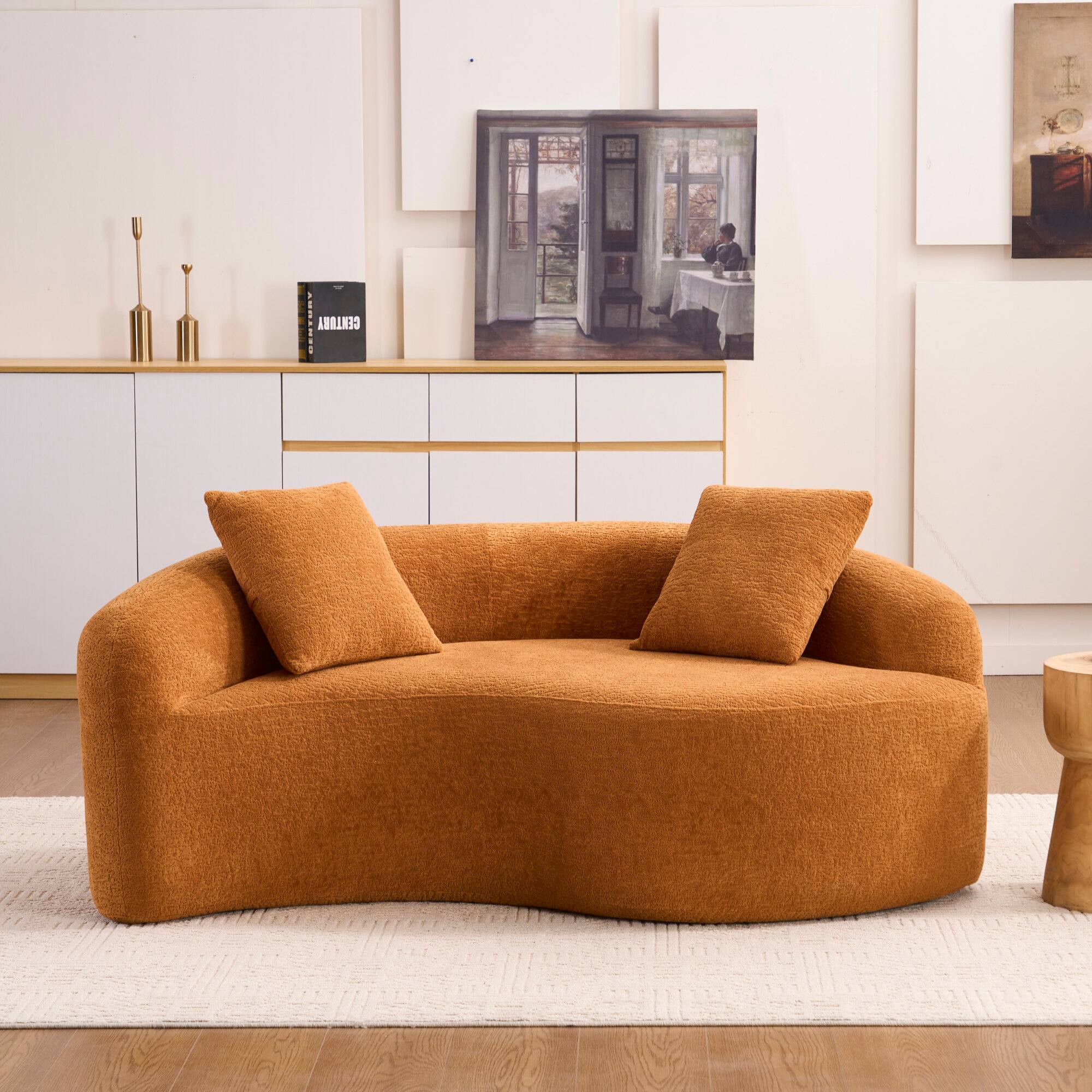 Alt View 4. GOODSILO - S-Curved Sectional Sofa with Dual-Depth Seating, Luxurious Chenille Upholstery, and Space-Saving Design - Orange.