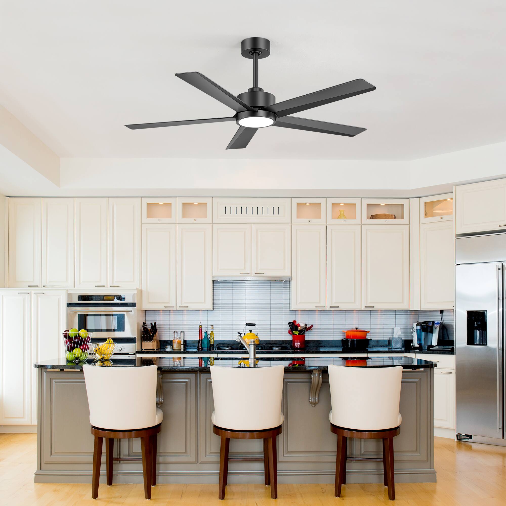 Alt View 1. Breezary - 52-Inch Indoor Modern Ceiling Fan with Integrated Light, DC Motor, 6-Speed Remote, 5 Blades, Includes 5" & 10" Downrods - Black (LED).