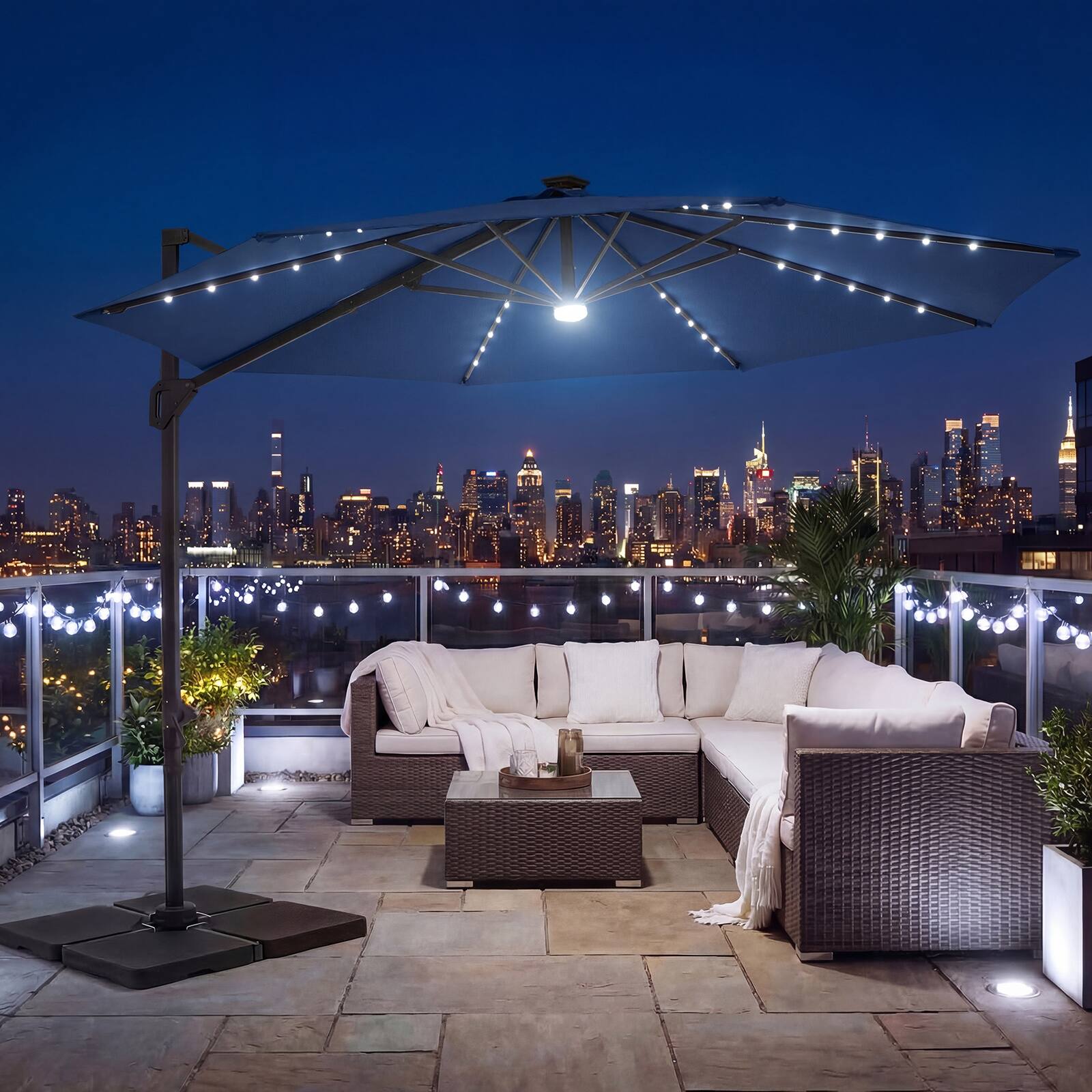 Alt View 1. Costway - Costway 10 FT Cantilever Patio Umbrella with Solar LED Lights, 360° Rotation, Easy Tilt - Blue.