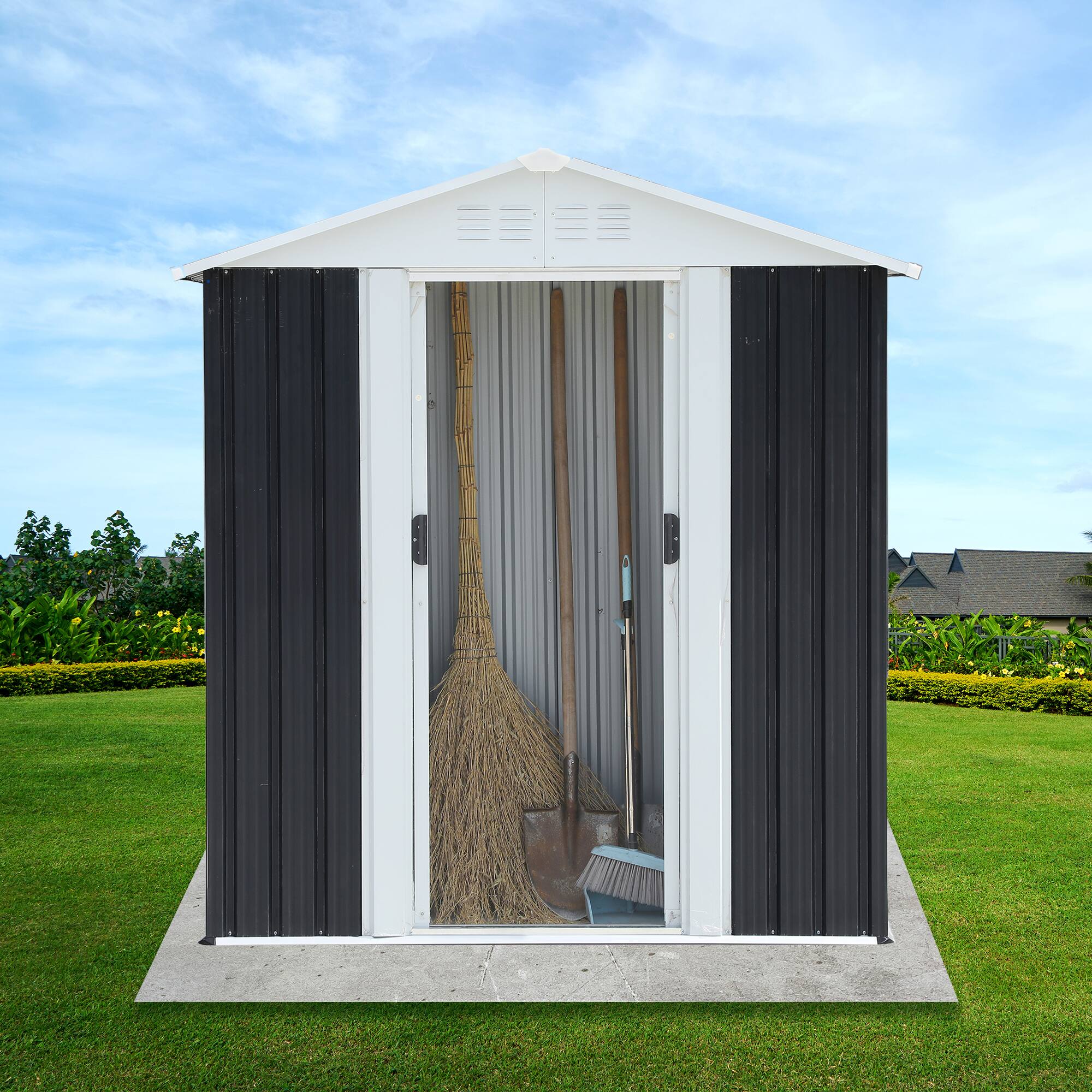 Back. TinyHomie - 5 x 3FT Grey Sliding Door Garden Shed for Outdoors Storage Apex Roof Design.