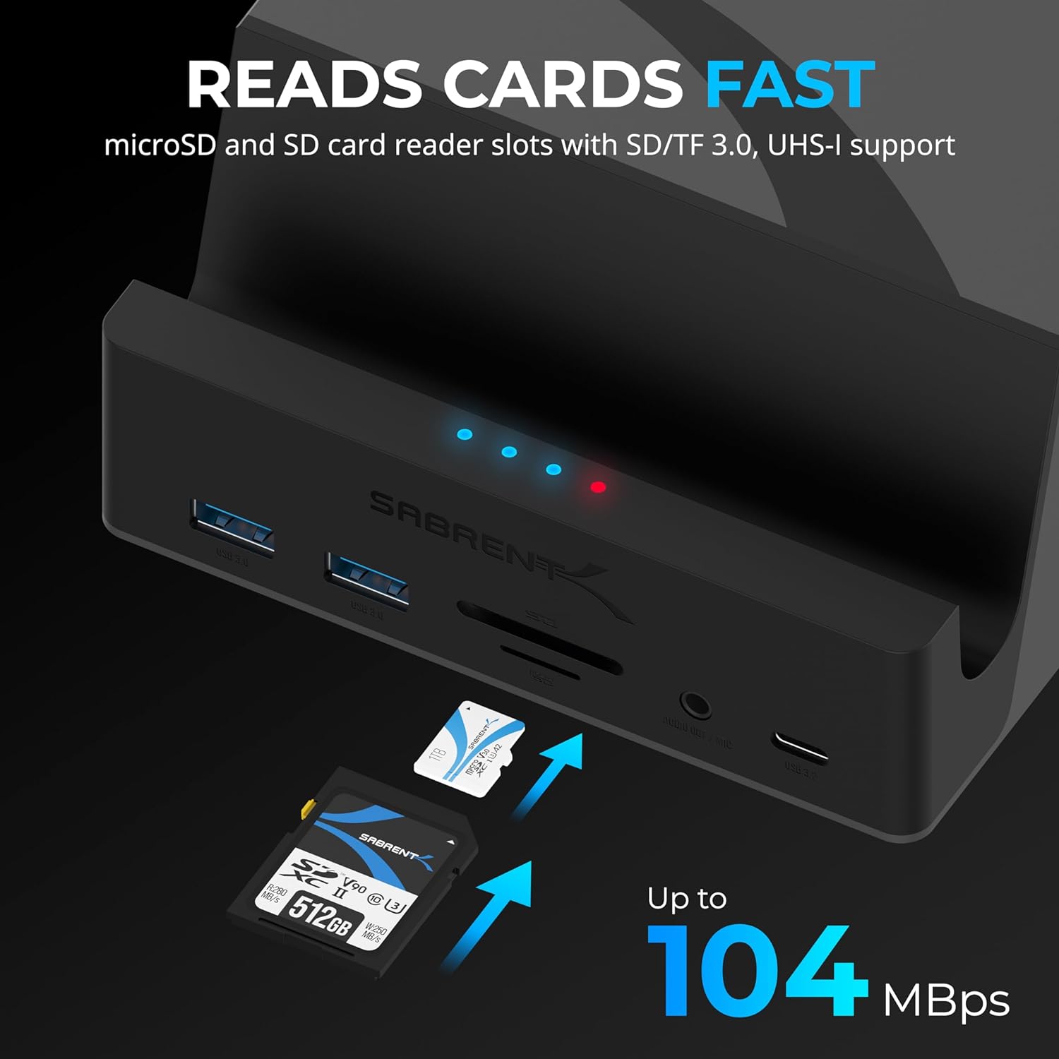 READS CARDS FAST  
microSD and SD card reader slots with SD/TF 3.0, UHS-I support  
Up to 104 MBps