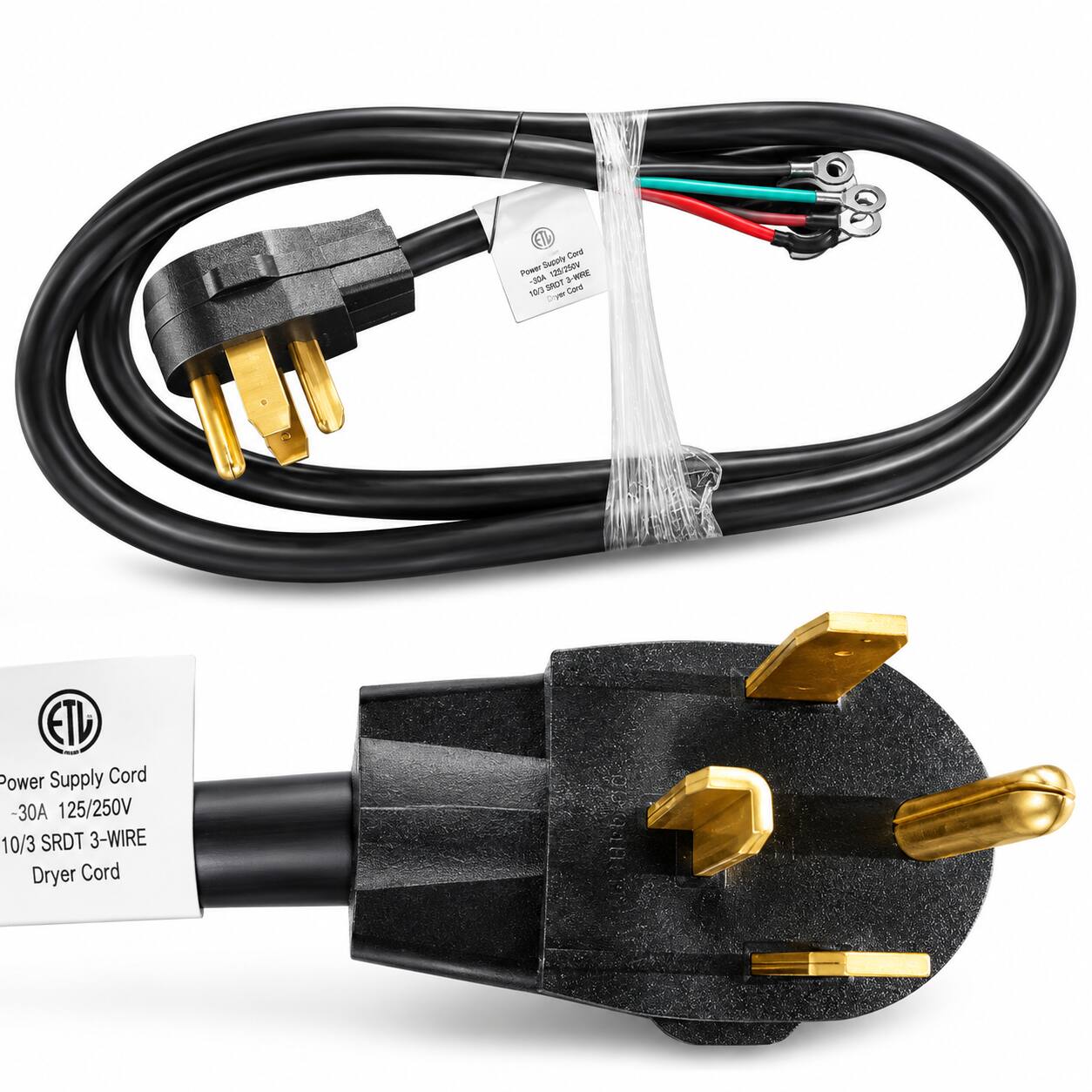 EL Cwd Supote 1i2e Power 2- -JDA SAOT . 10 Cand Dver ETL Power Supply Cord -30A 125/250V 10/3 SRDT 3-WIRE Dryer Cord