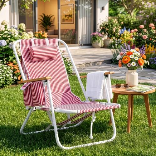 Alt View 9. Winado - Folding Beach Chair, Portable Reclining Lounge Chair with Adjustable 4-Position, Padded Headrest for Beach Pool Garden - Red & White Stripes.
