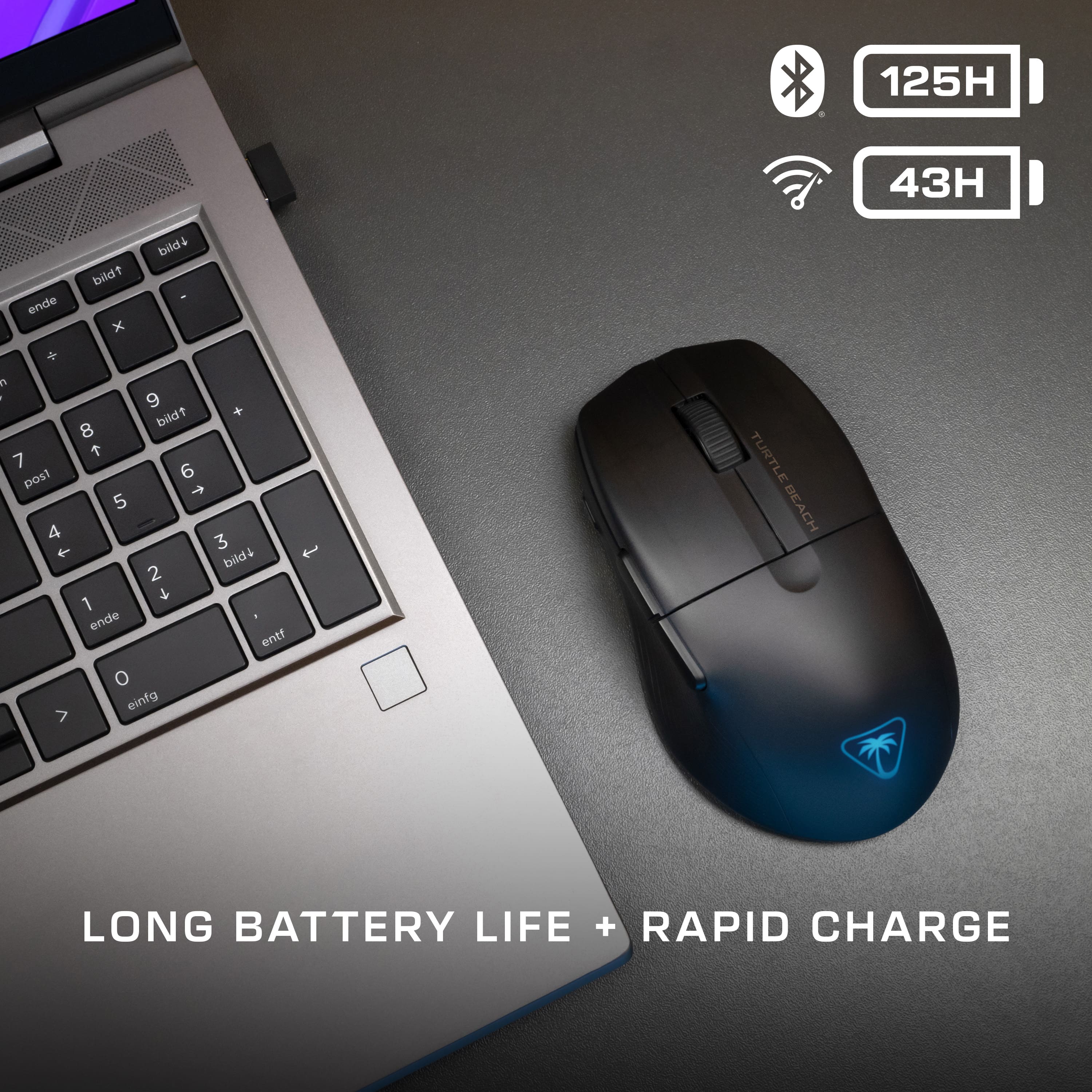 The text on the image reads: "125H 43H ende bildt x bild4 - n - 9 bildt 8 1 7 post 6 - 5 4 3 f bilds 2 4 1 ende entf o einfg > TURTLE BEACH LONG BATTERY LIFE + RAPID CHARGE."