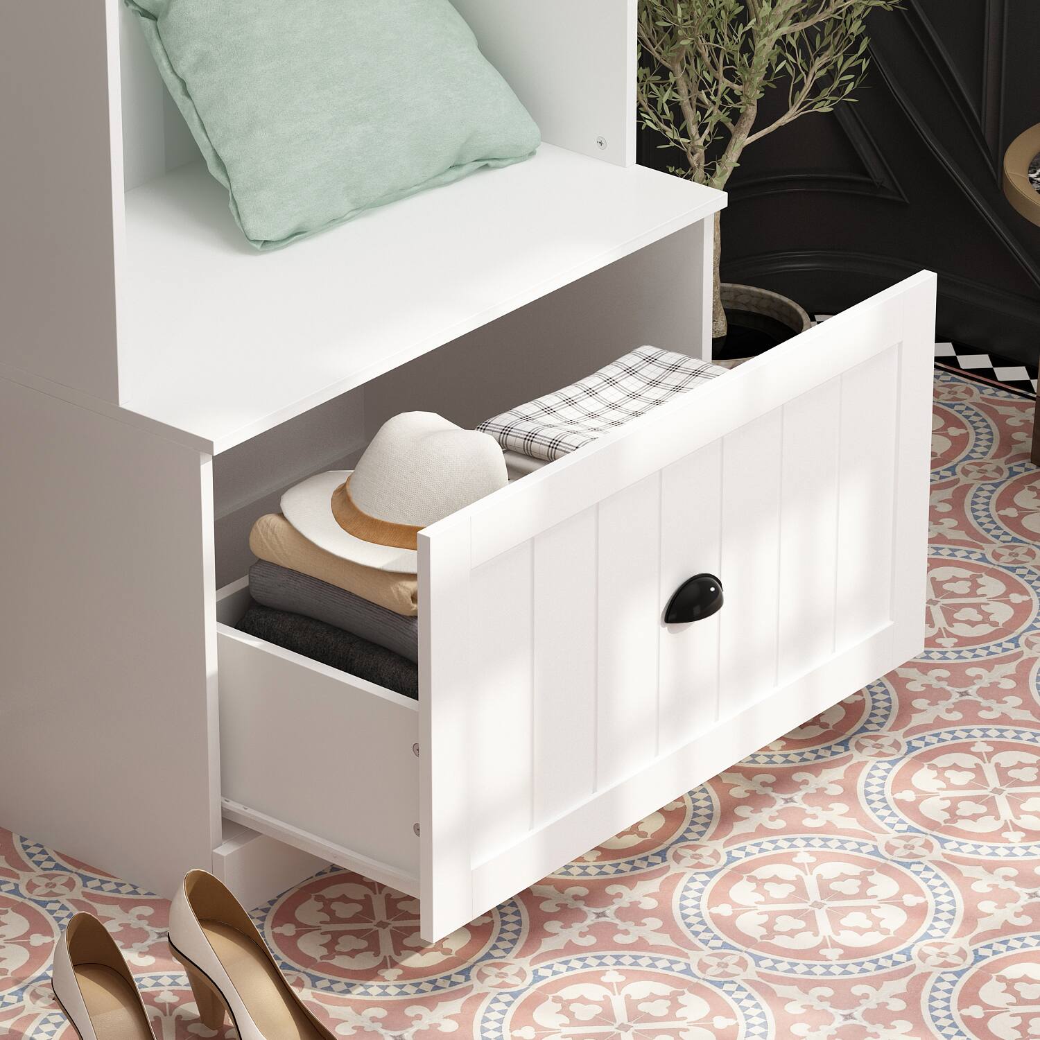 Alt View 2. FUFU&GAGA - Entryway Storage Cabinet with Coat Rack Shoe Bench and Shelves for Organized and Stylish Entry Space - White.