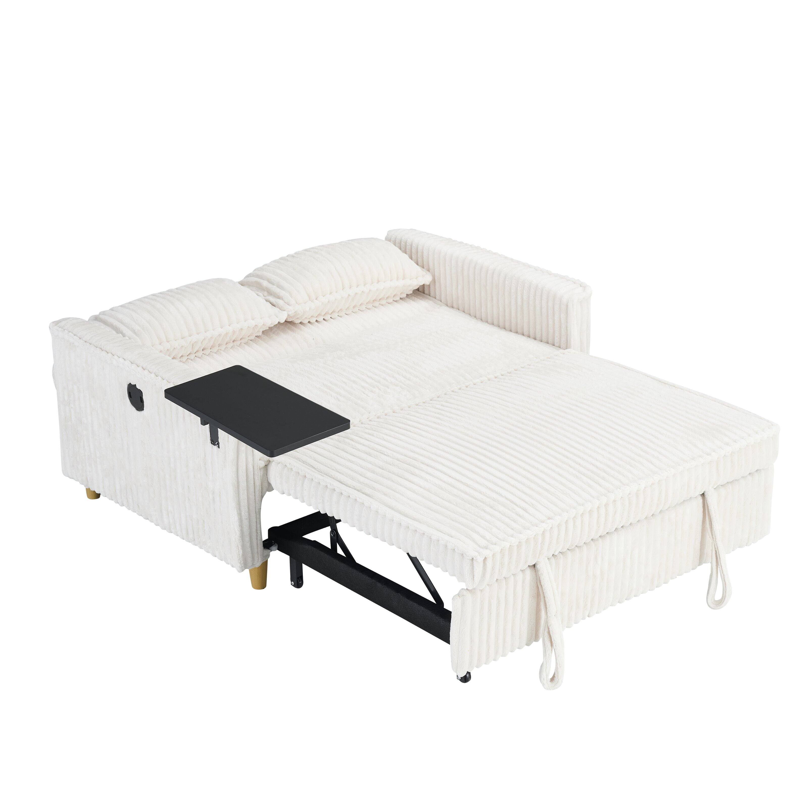 Angle. Trinkets Crazed - Corduroy 3-In-1 Convertible Sleeper Sofa Bed,Upholstered Pull Out Futon Loveseat Couch with Adjustable Backrest - Beige.