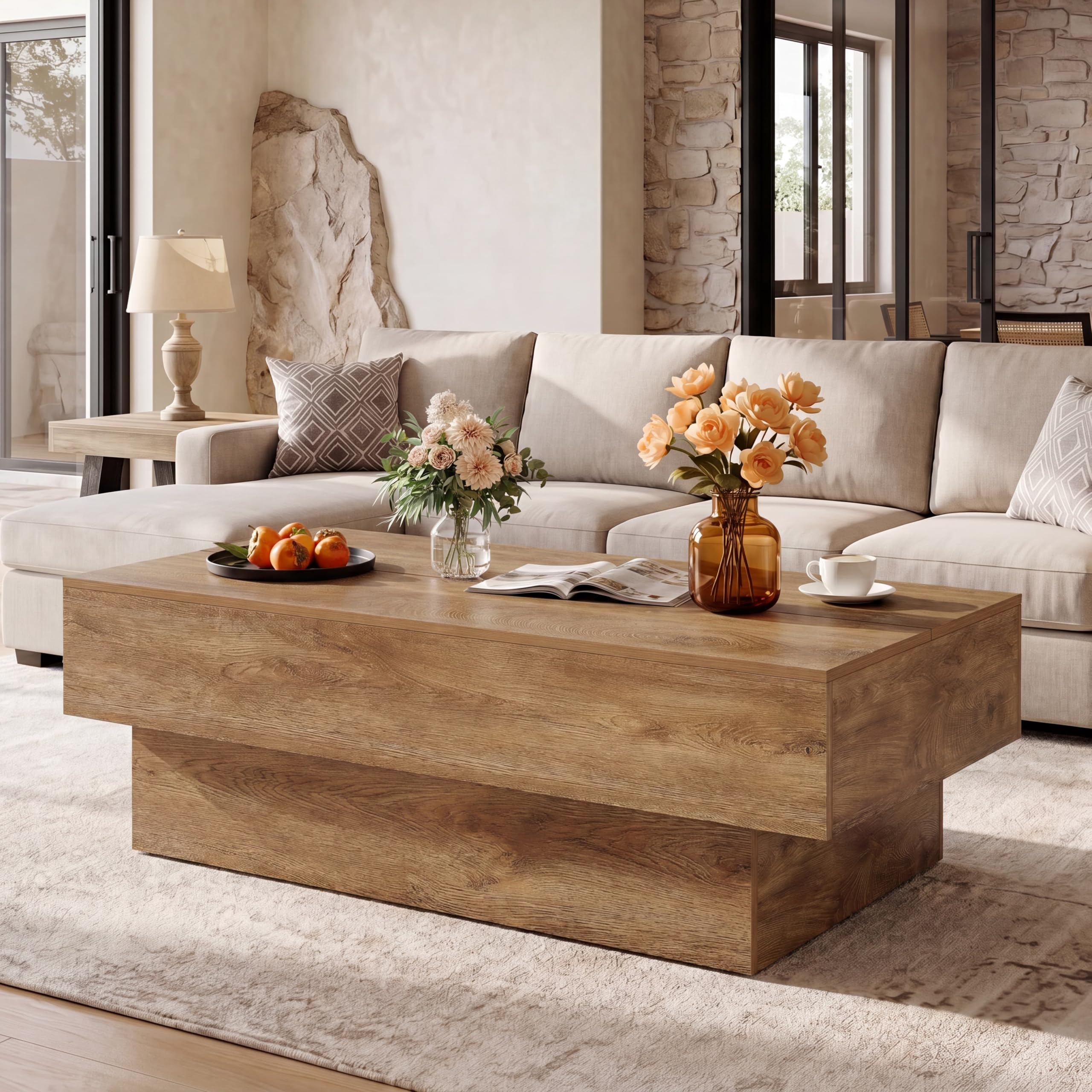 Alt View 4. Tribesigns - 55" Large Rectangle Coffee Table for Living Room - Rustic Brown.