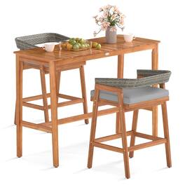 Costway - 3 PCS Patio Counter Height Bar Set with 2 Cushioned Barstools Curved Rattan Back - Gray