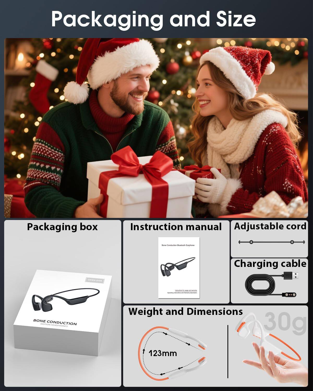 Packaging and Size

- Packaging box
- Instruction manual
- Adjustable cord
- Charging cable

Weight and Dimensions
- 30g
- 123mm