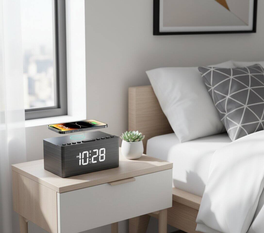 Alt View 2. Dazzed Corner - Wooden Bluetooth Speaker, Alarm Clock with FM Radio, USB Charger Port - Grey.