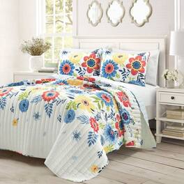 Hivvago - Full/Queen Lightweight Floral 3-Piece Polyester Quilt Set - Navy Blue Coral White