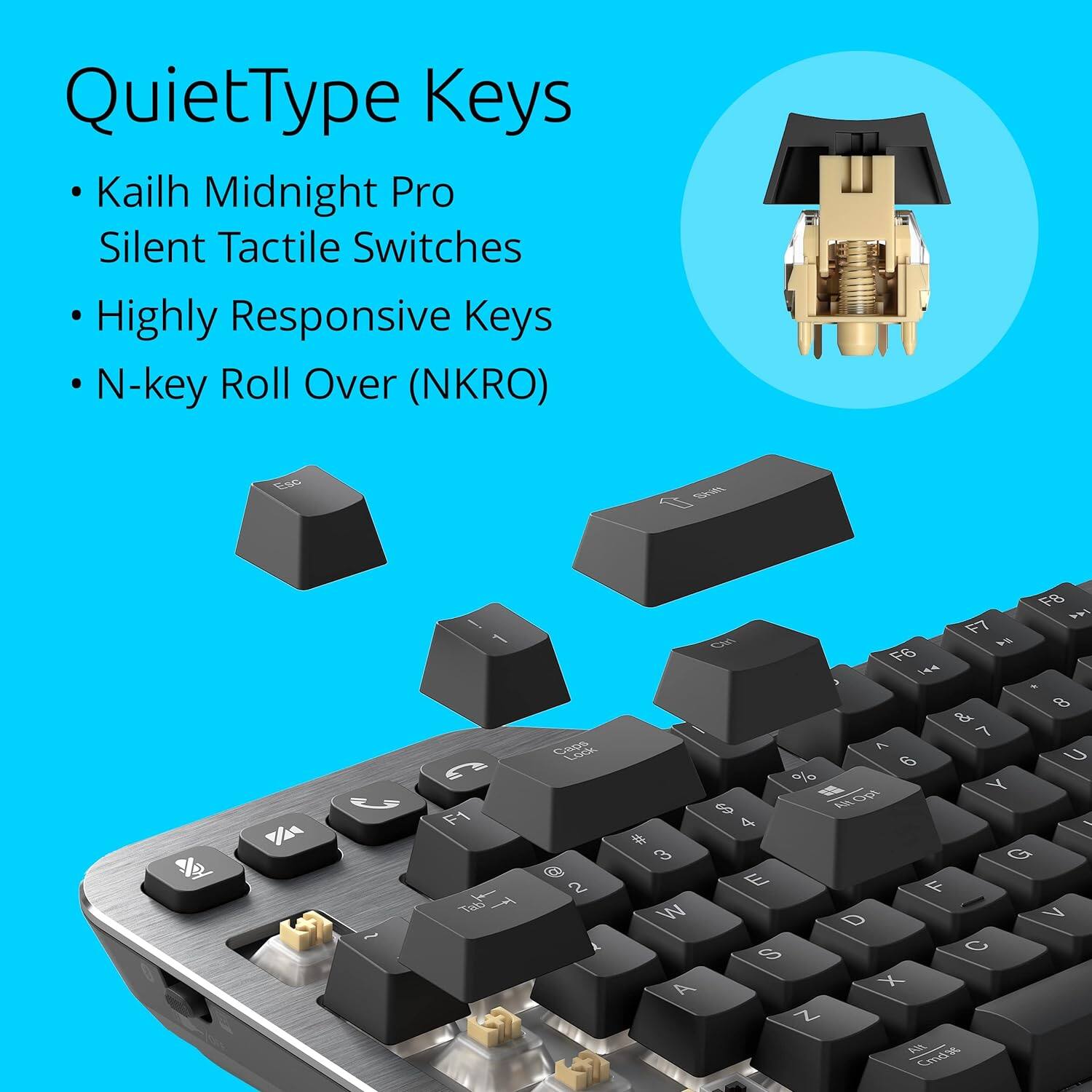 QuietType Keys  
- Kailh Midnight Pro Silent Tactile Switches  
- Highly Responsive Keys  
- N-key Roll Over (NKRO)