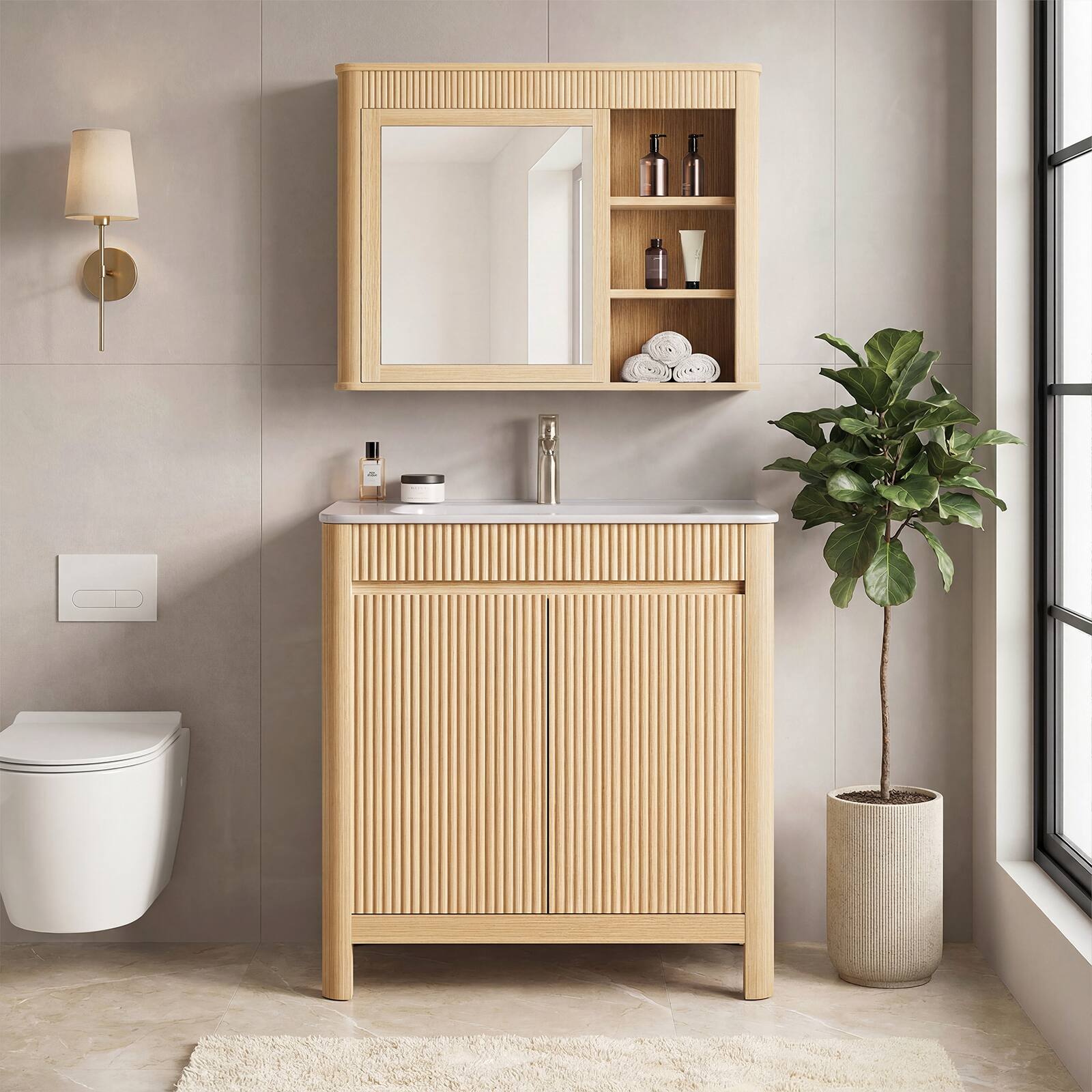 Alt View 4. ModernMate - 30" Single Bathroom Vanity with Ceramic Sink, Solid Wood Legs, Adjustable shelves, Soft-Close Doors - Natural Oak.
