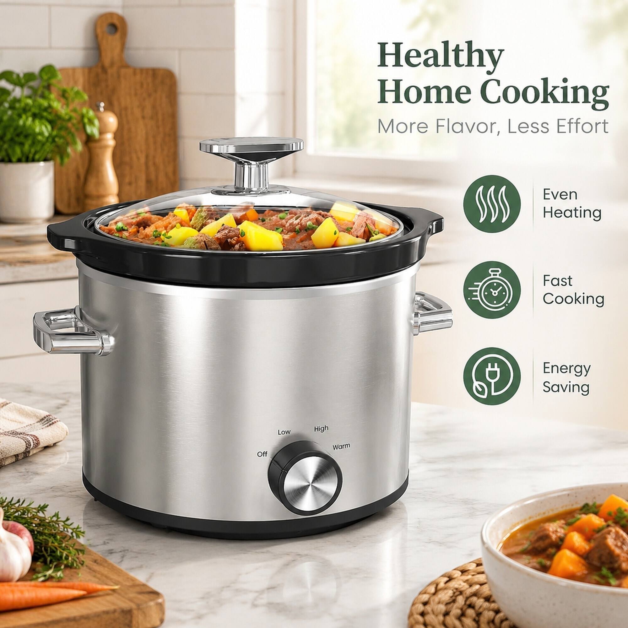 Healthy Home Cooking  
More Flavor, Less Effort

- Even Heating
- Fast Cooking
- Energy Saving

Off  
Low  
High  
Warm