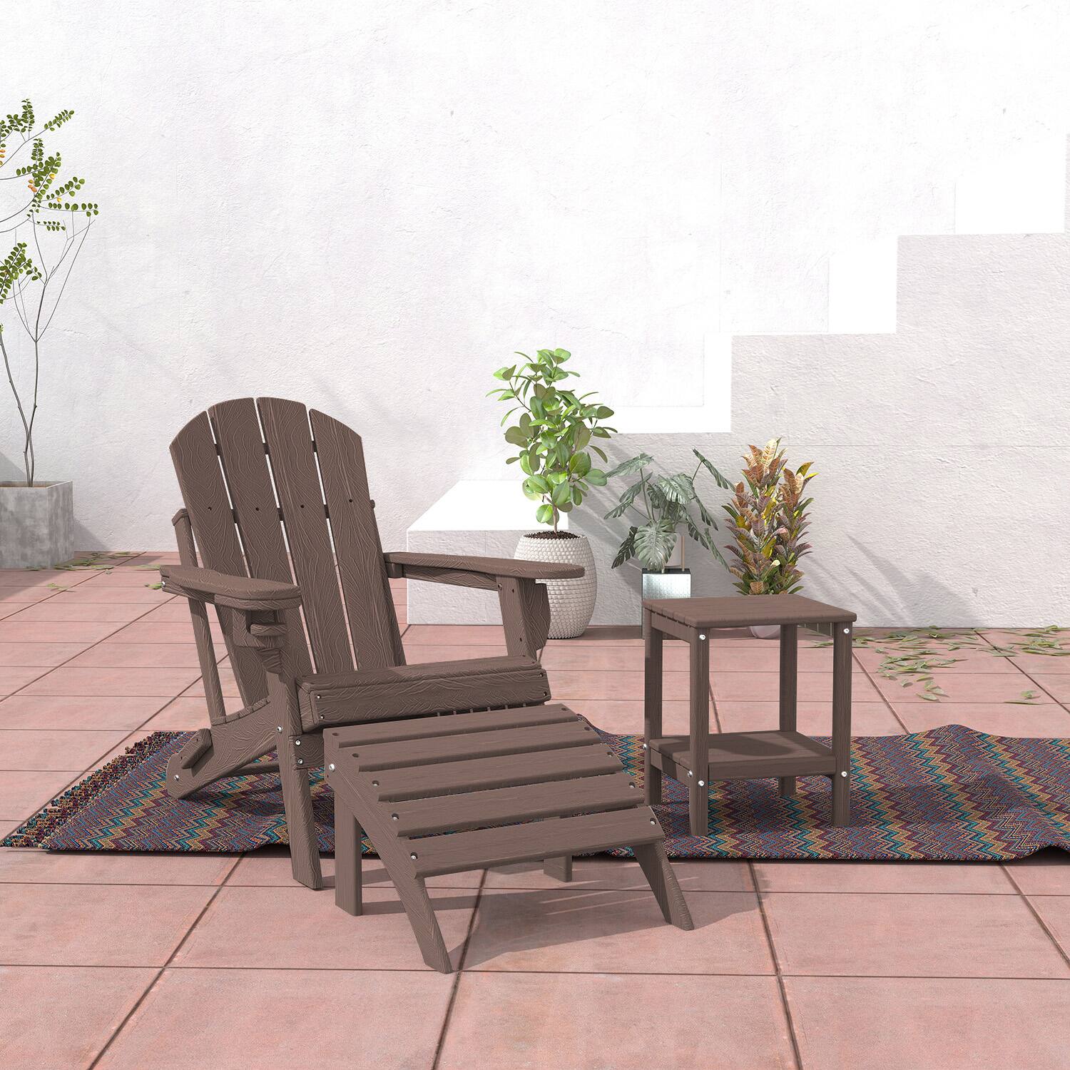 Alt View 2. FODINGHILL - HDPE Adirondack Ottoman with Wood Grain, All weather Footrest for Patio & Garden - Dark Brown.