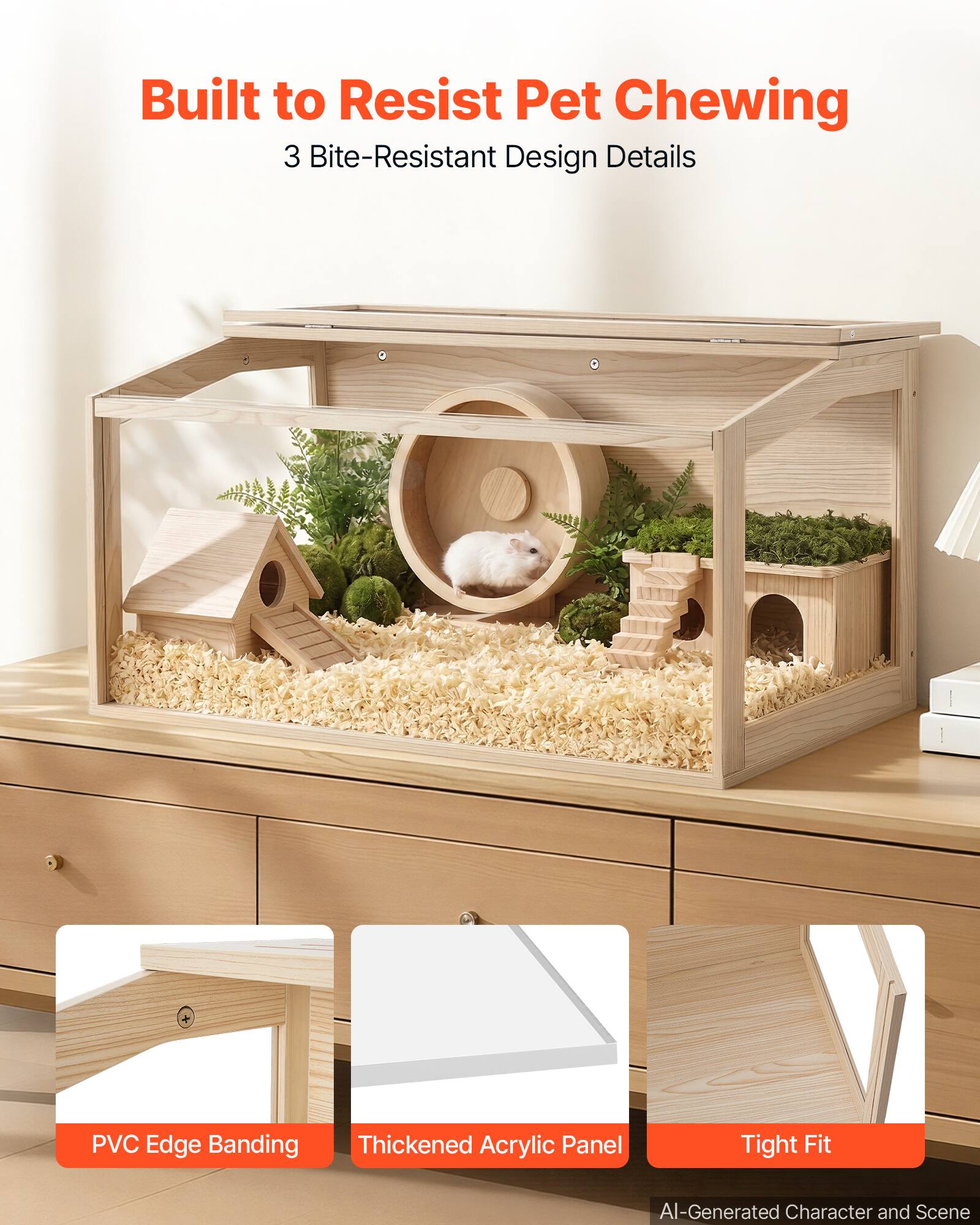 Built to Resist Pet Chewing  
3 Bite-Resistant Design Details  
PVC Edge Banding  
Thickened Acrylic Panel  
Tight Fit  
AI-Generated Character and Scene