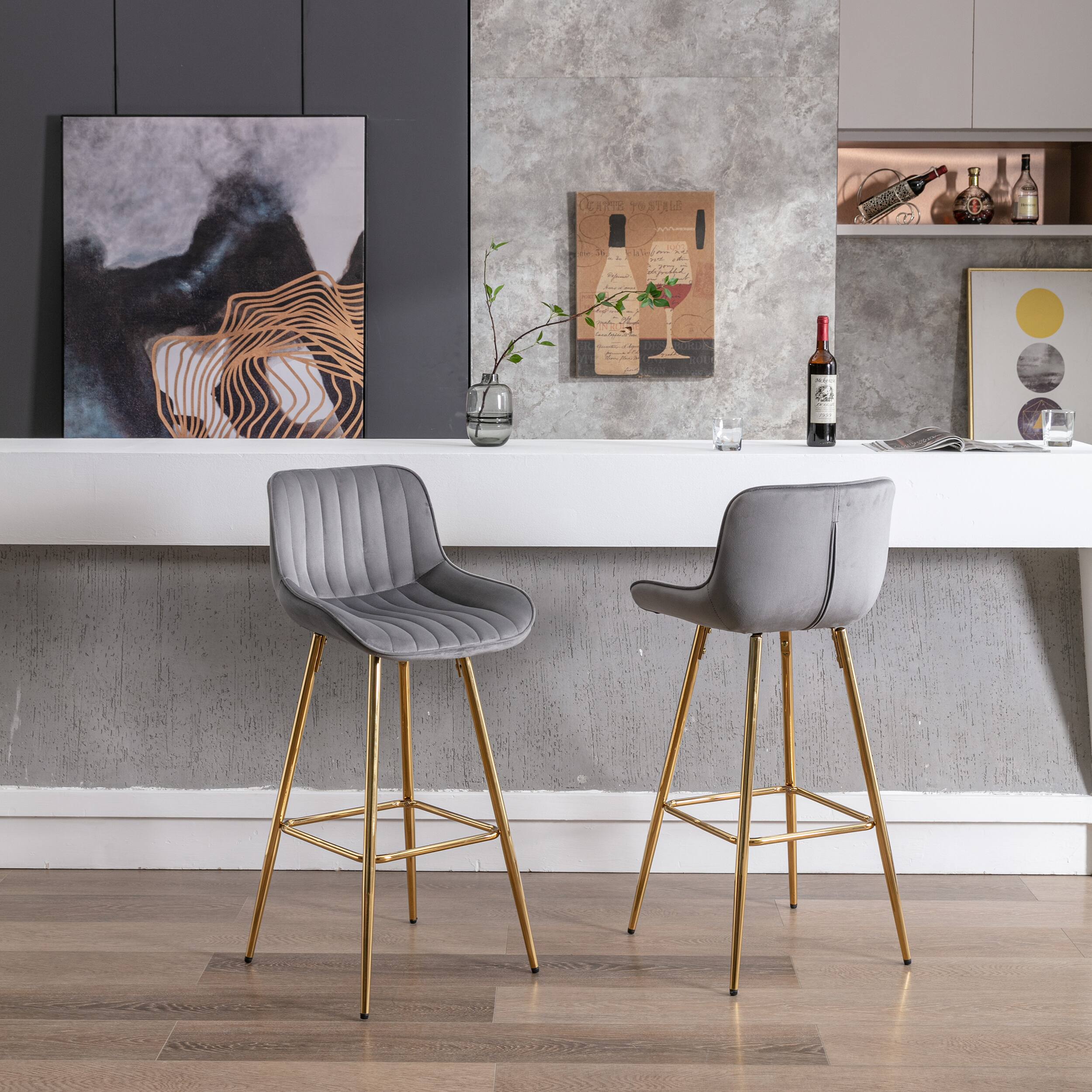 Angle. Trinkets Crazed - Velvet Bar Stools Set of 2, 30 Inch Modern Barstools with Back&Gold Legs, Bar Height Stools for Kitchen Island - Gray.