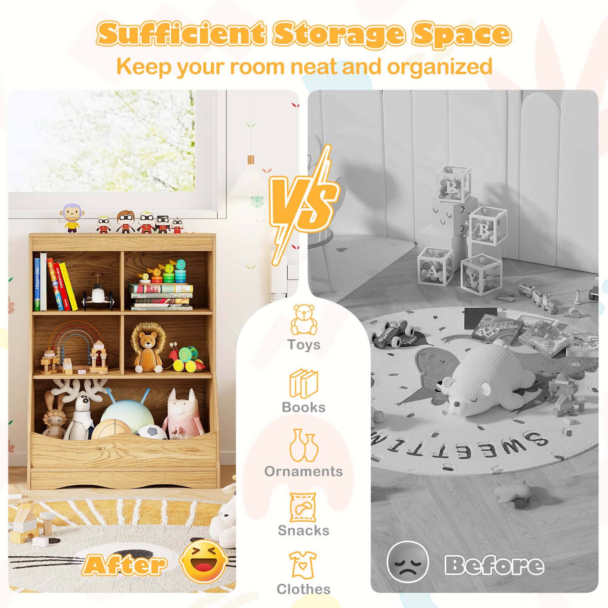 Sufficient Storage Space Keep your room neat and organized I - VS B Toys Books Ornaments Snacks Clothes After Before