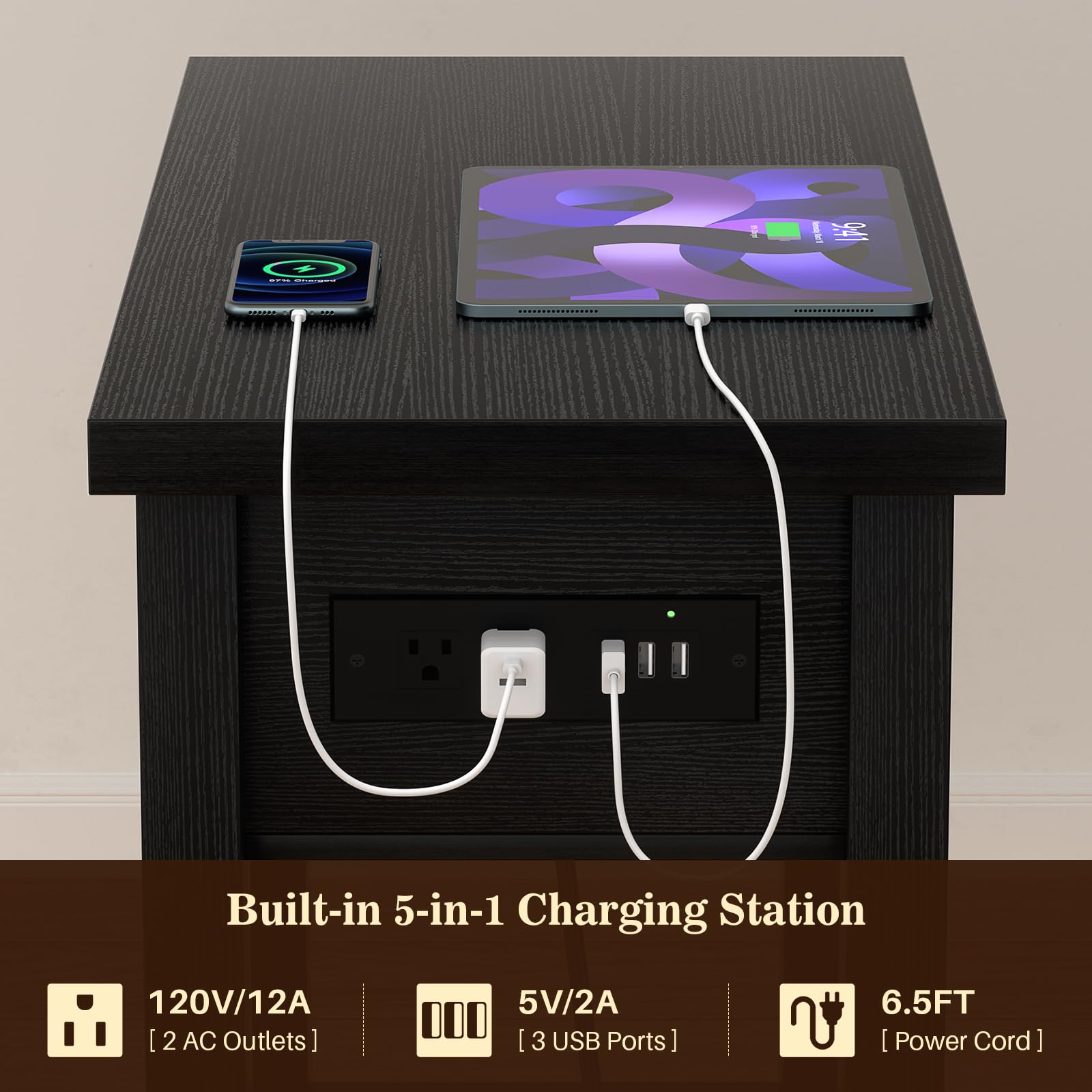 STE 94 + ! | Built-in 5-in-1 Charging Station  
120V/12A [ 2 AC Outlets 5V/2A DOO ! 3 USB Ports I 6.5FT ! Power Cord ]