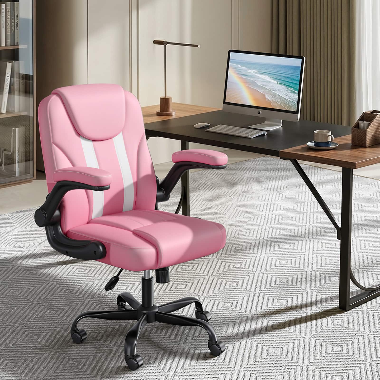 Pinmoco - Ergonomic PU Leather Office Chair, High Back Executive Computer Desk Chair - Pink