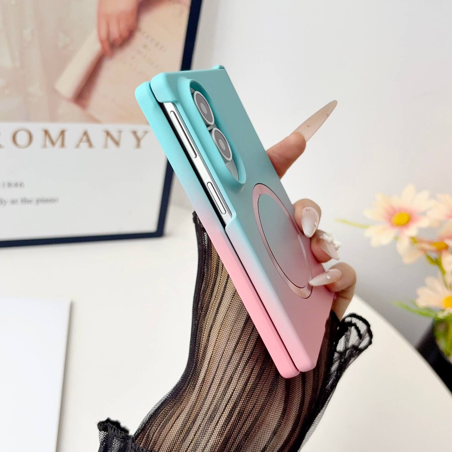 Alt View 1. Dteck - for Samsung Galaxy Z Fold8 Matte Gradient Magnetic Case,Shockproof Slim Hard PC Hinge Back Cover,Qi Wireless Charging - Blue/Wined.