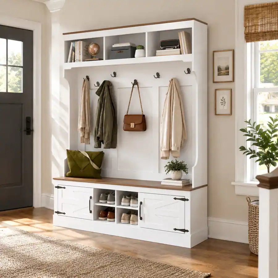 Shoe Rack Winning RYHNUYNE VIBE HAUS 71 in Farmhouse Hall Tree, Entryway Bench, 7 Hooks ...