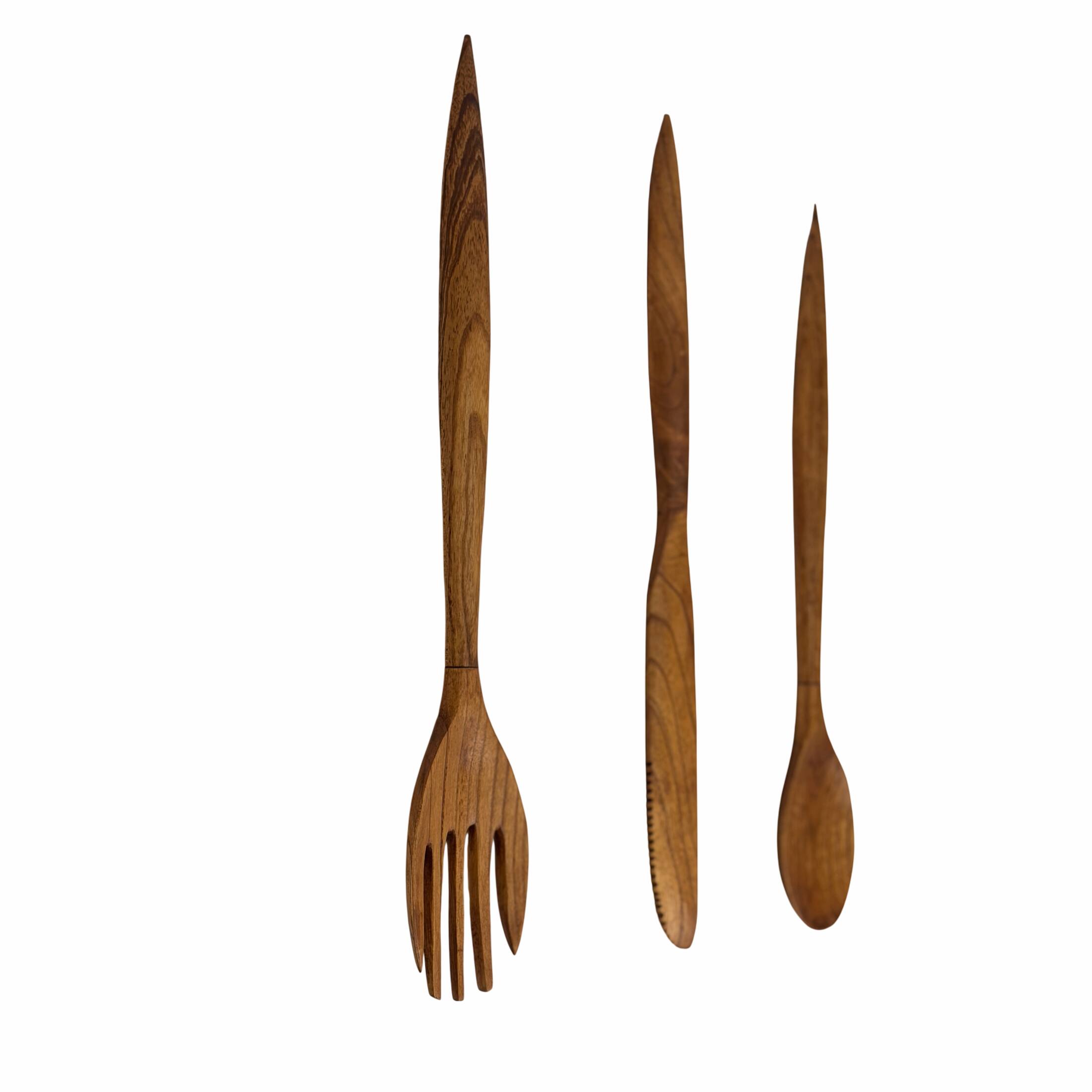 Alt View 1. Zeckos - Oversized Wooden Cutlery Wall Art Set Spoon Fork Knife 24 Inch Kitchen Decor - Natural.