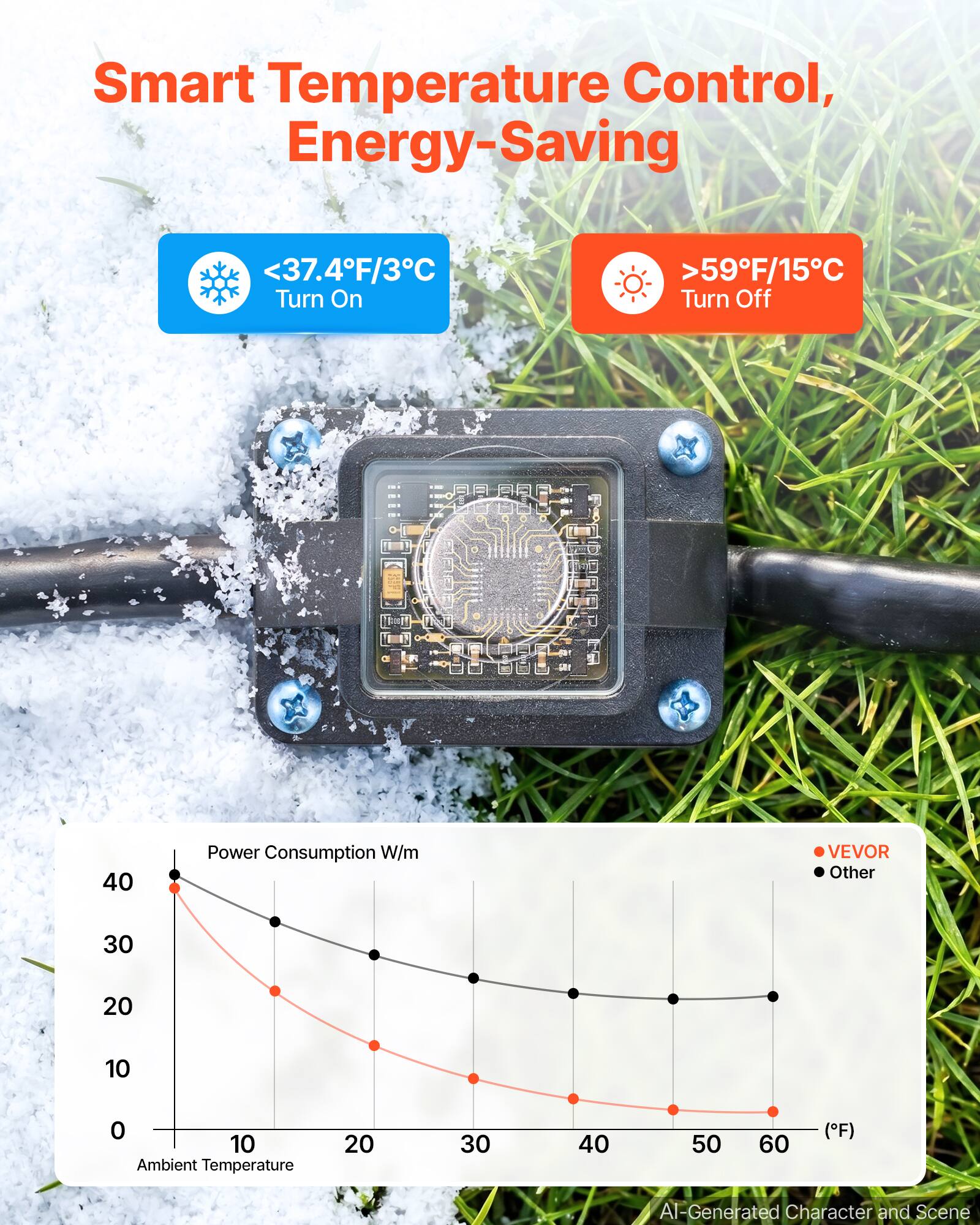 Smart Temperature Control, Energy-Saving

<37.4°F/3°C Turn On

>59°F/15°C Turn Off

Power Consumption W/m

VEVOR Other

0 10 20 30 40 50 60

Ambient Temperature (°F)

AI-Generated Character and Scene