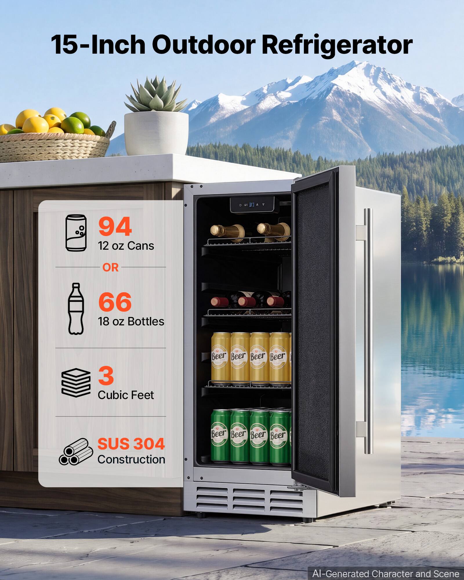 15-Inch Outdoor Refrigerator

94 12 oz Cans
OR
66 18 oz Bottles
3 Cubic Feet
SUS 304 Construction

Beer Beer Beer Beer

AI-Generated Character and Scene