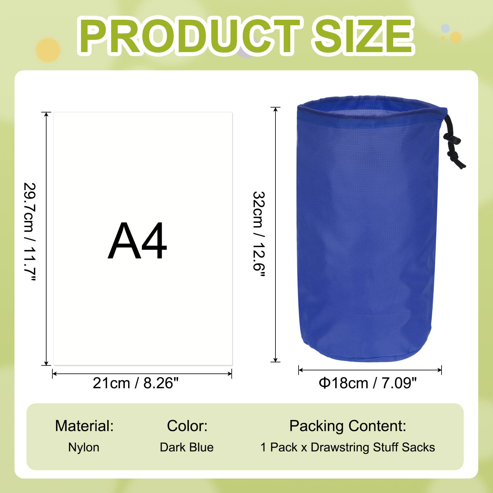PRODUCT SIZE

A4  
29.7cm / 11.7"  
21cm / 8.26"  

32cm / 12.6"  
Ø18cm / 7.09"  

Material: Nylon  
Color: Dark Blue  
Packing Content: 1 Pack x Drawstring Stuff Sacks