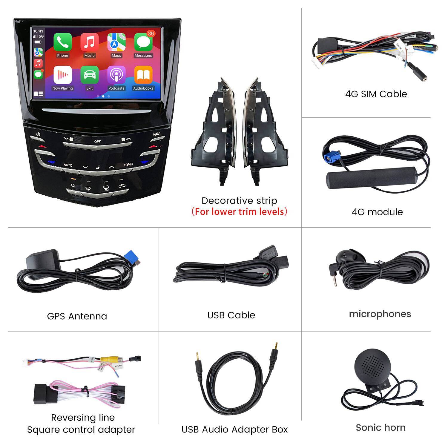 10:41 !! 5G

36

Phone
Music
Maps
Messages
NowPlaying
Exit
Podcasts Audiobooks

4G SIM Cable
OFF
NAN
AUTO
SYNC
Decorative strip (For lower trim levels)
4G module
GPS Antenna
USB Cable
microphones
Reversing line Square control adapter
USB Audio Adapter Box
Sonic horn
